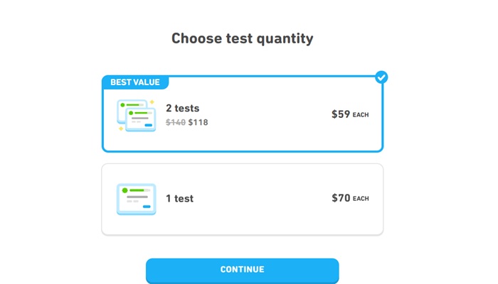 انتخاب نوع آزمون دولینگو برای ثبت نام