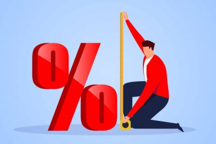Businessman using tape measure to measure the height of the percentage symbol