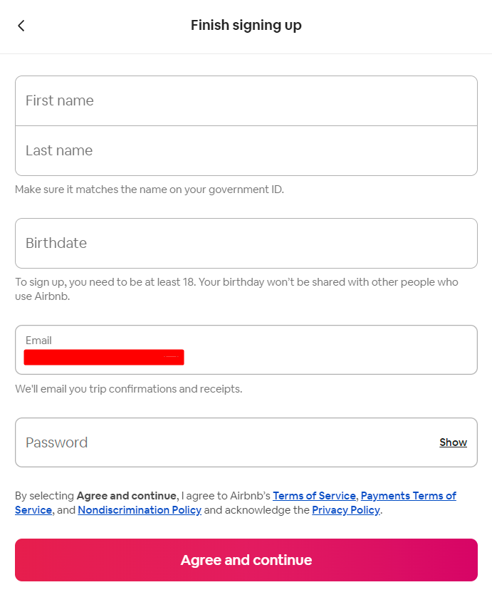 مرحله دوم ثبت نام در سایت airbnb.com